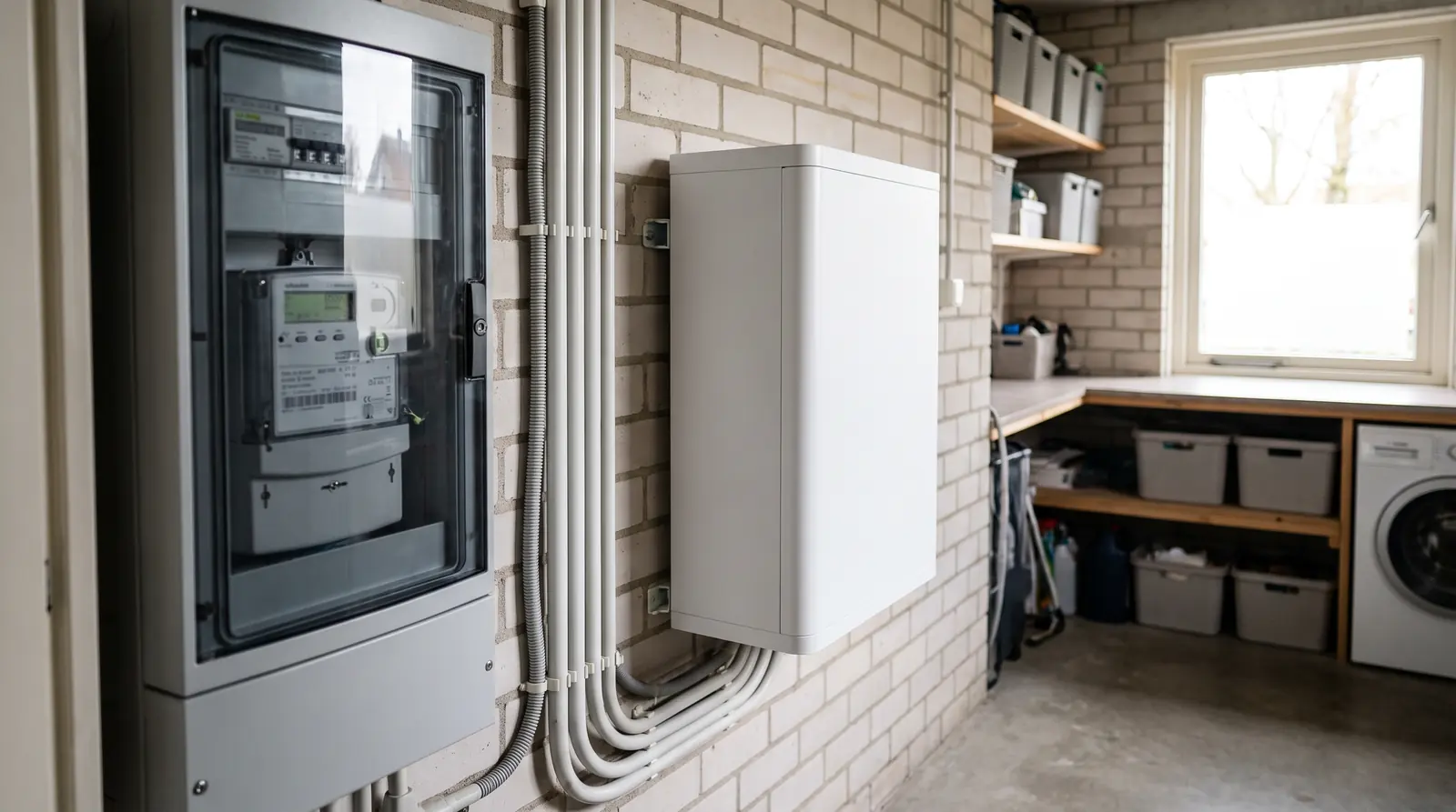 Thuisbatterij aan de wand naast de meterkast in een technische ruimte